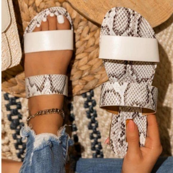 Shoes - Double Strap Sandals in Off White / Snake
